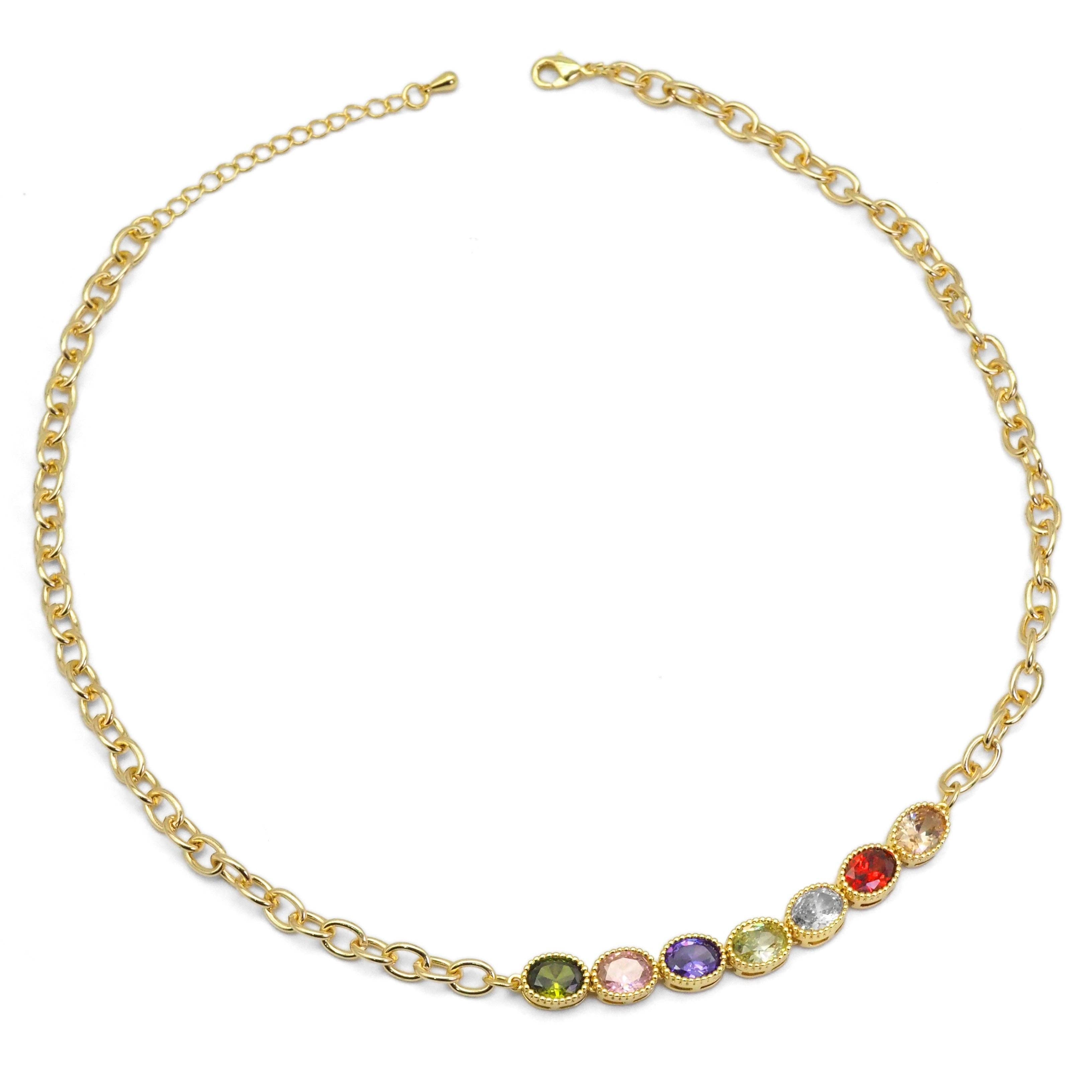 Colorful Oval Link CZ Chain Necklace, Sku#EF359
