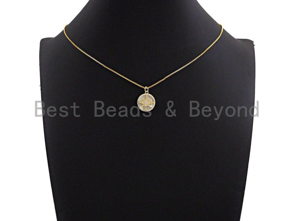 Mother-of-pearl Inlay North Star Round Pendant/Charm, North Star Round Coin Cubic Zirconia Pendant,17x15mm,Sku#Z1097