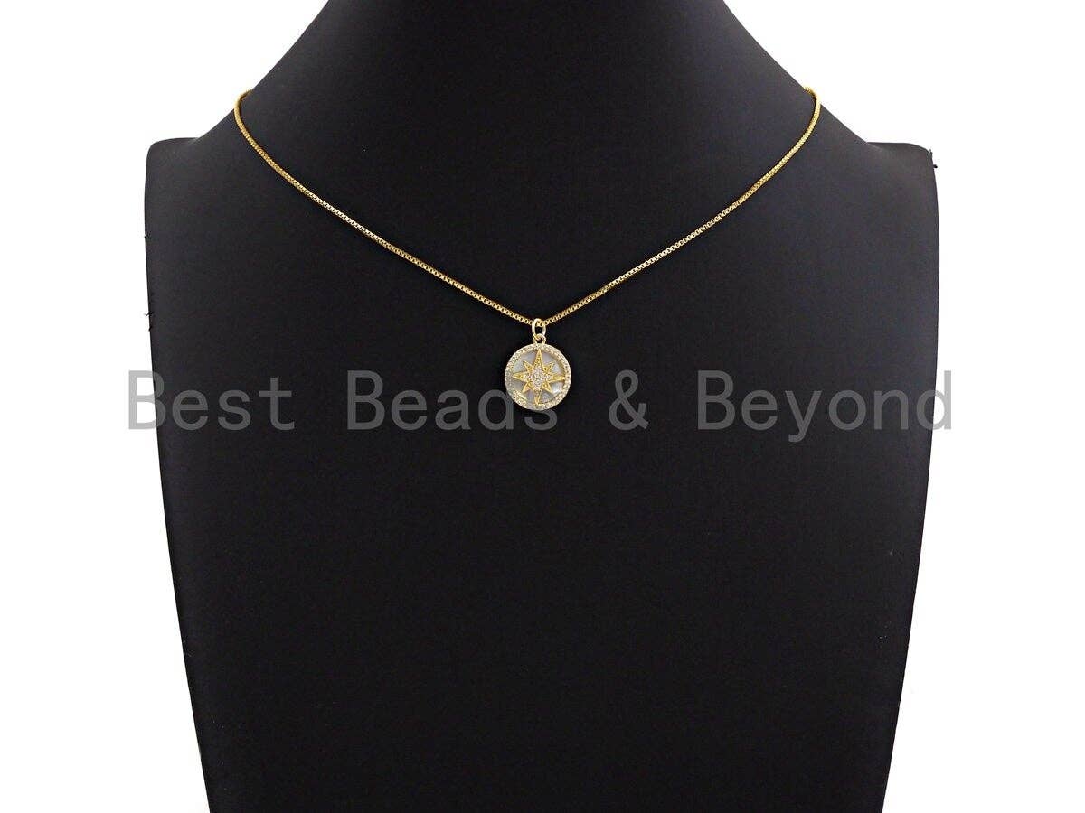 Mother-of-pearl Inlay North Star Round Pendant/Charm, North Star Round Coin Cubic Zirconia Pendant,17x15mm,Sku#Z1097