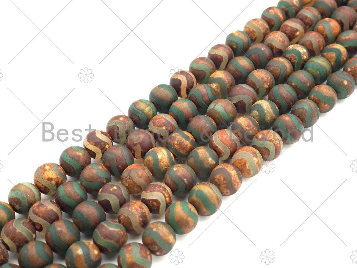 Natural Tibetan Green Brwon Agate with Double Wavy Line Beads, Dzi Beads, 6mm/8mm/10mm/12mm Round Smooth Agate,15.5" Full Strand, Sku#U1110