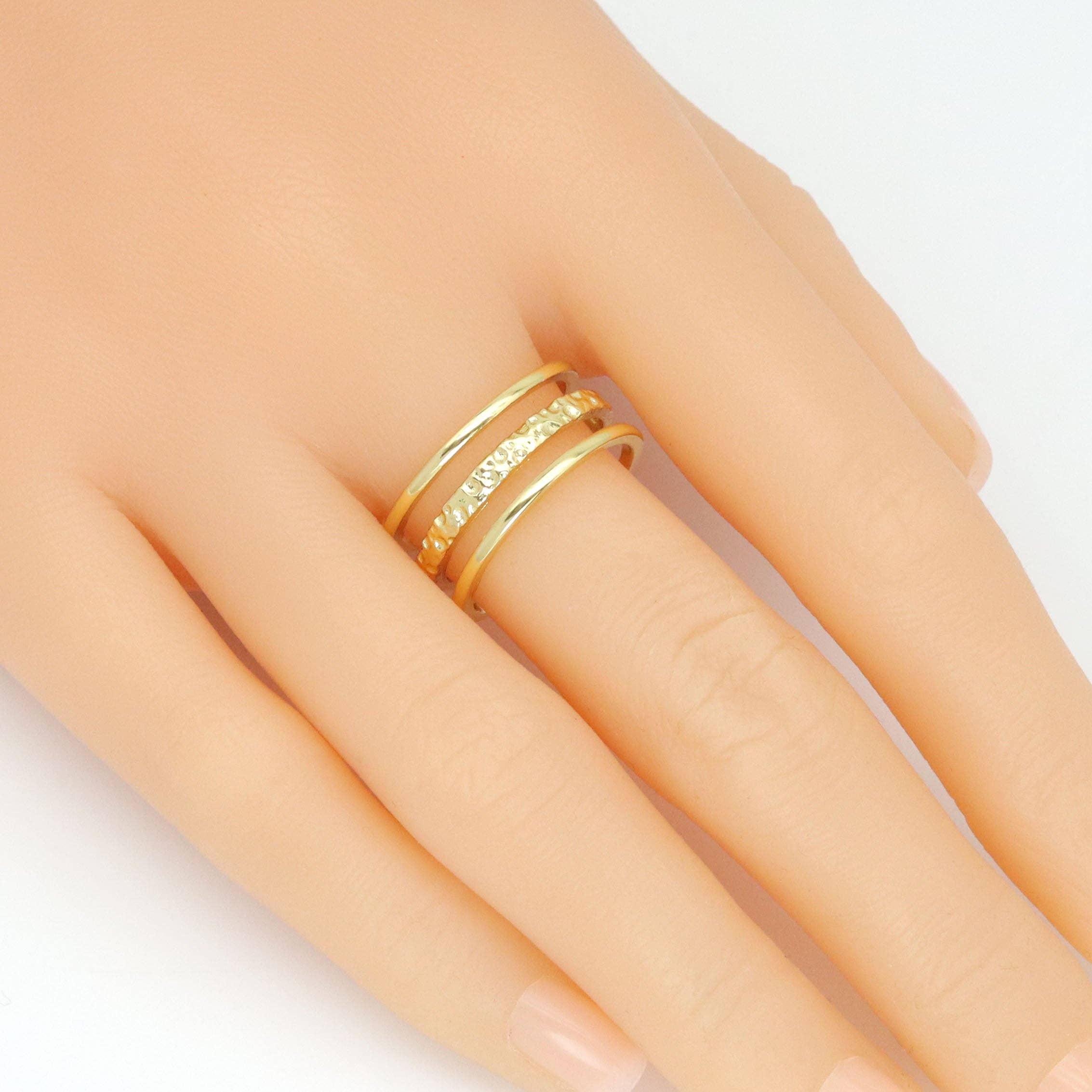 Gold Silver Triple Line Hammered Adjustable Ring, Sku#LX737
