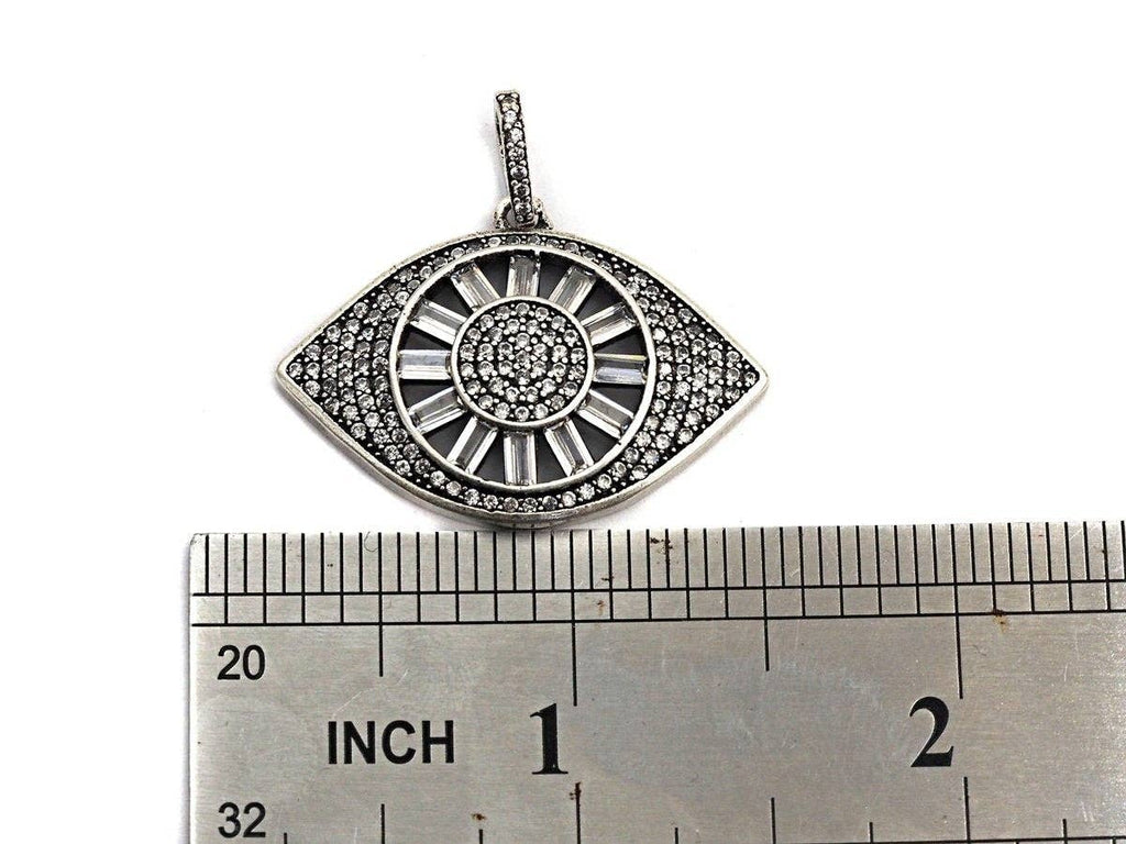 CZ Micro Pave Evil Eye Pendant, Antique Silver Tone, Clear Cubic Zirconia Big Pave Evil Eye Charm Pendant, 33x24sku#F981