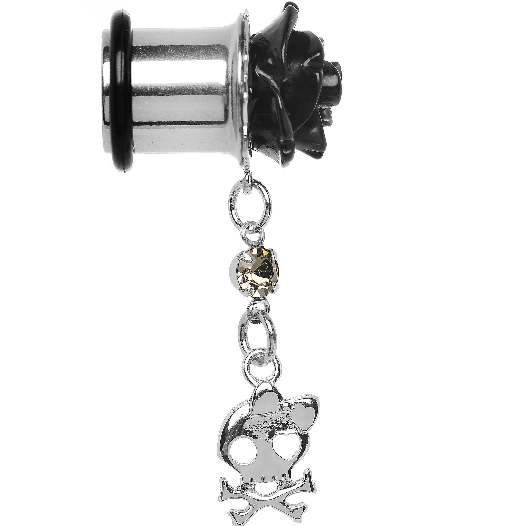 Black Rose Flower Skull Crossbones Dangle Plug Sizes 5mm to 12mm