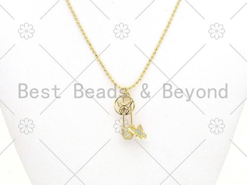 Colorful CZ Micro Pave Butterfly On Safety Pin Shape Pendant/Charm, 18K Gold Filled Charm, Necklace Bracelet Charm Pendant,8x30mm,Sku#F1409