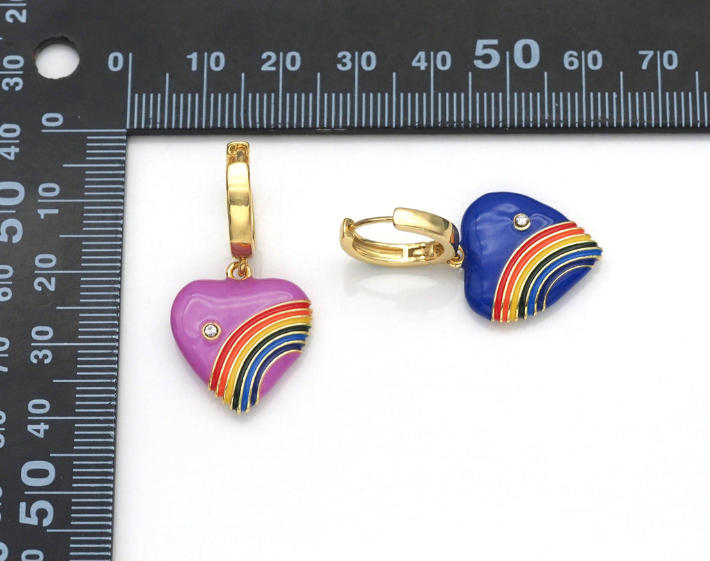 Enamel Rainbow Heart Hoop Earrings, Sku#EF227