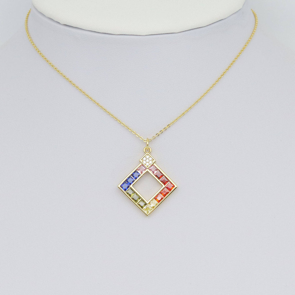 Colorful CZ Rhombus Diamond Gold Charm Pendant, Sku#Y1025