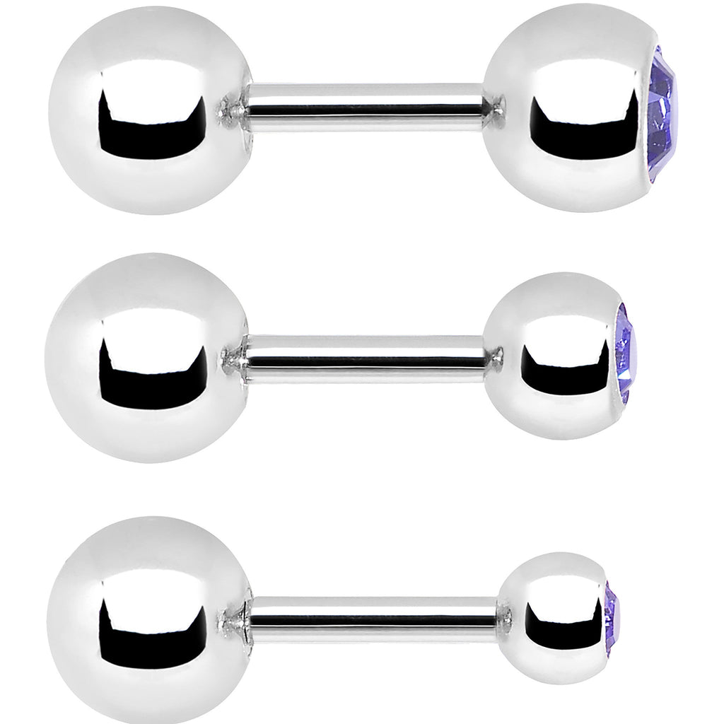 16G 1/4 Purple Gem Cartilage Tragus Barbell Set of 3