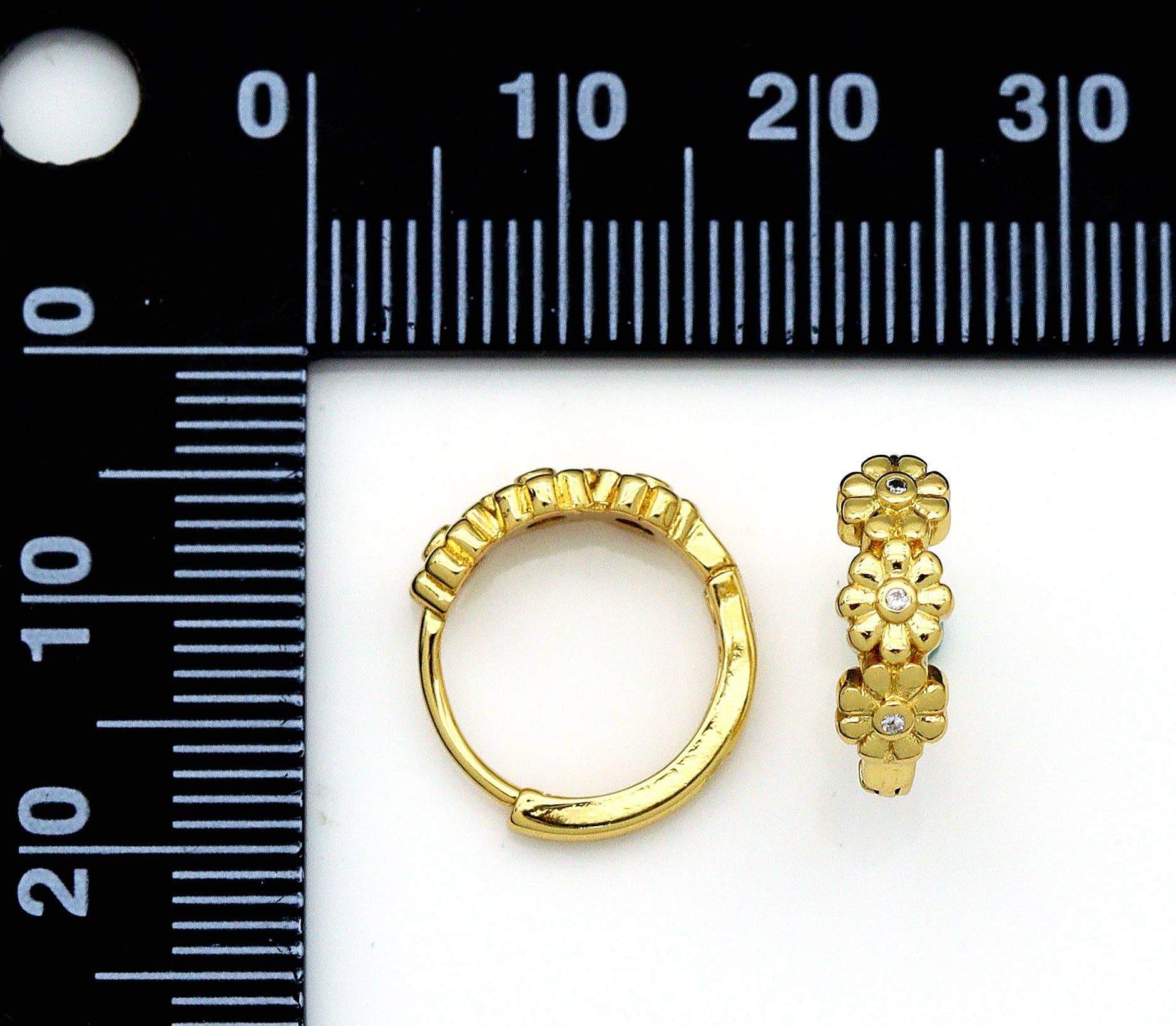 CZ Gold Triple Flowers Huggie Earrings, Sku#Y733