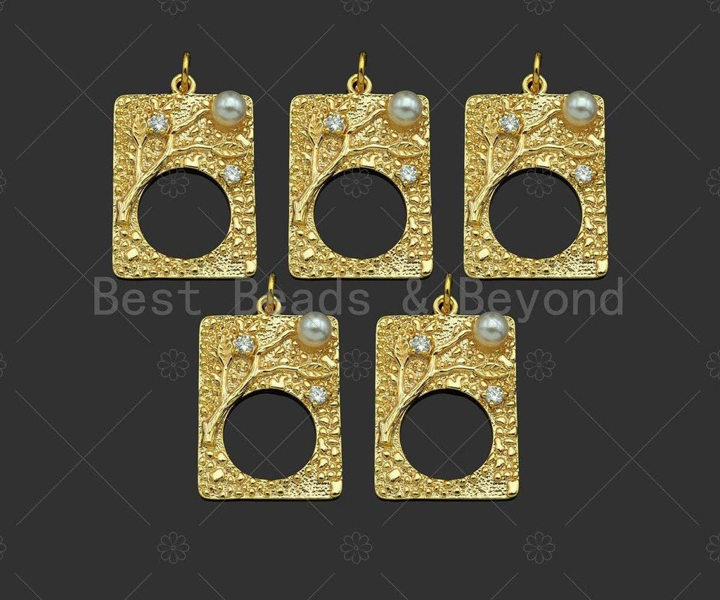 CZ Micro Pave Hollow Out Round Pearl On Rectangle Shape Pendant,14K Gold Filled MOP Charm, Necklace Bracelet Charm Pendant,17x25mm,Sku#ZX34