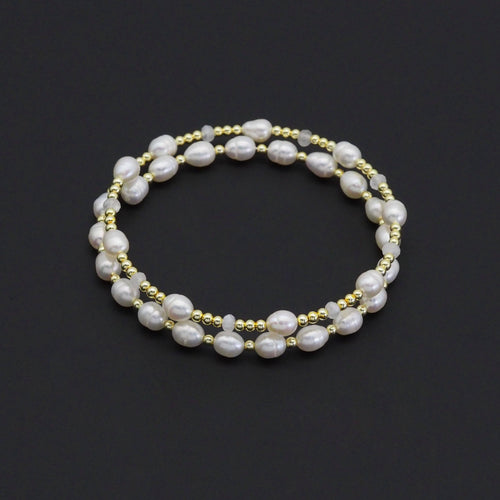 CZ White Pearl Gold Spacer Wire Wrap Bracelet, Sku#EF519