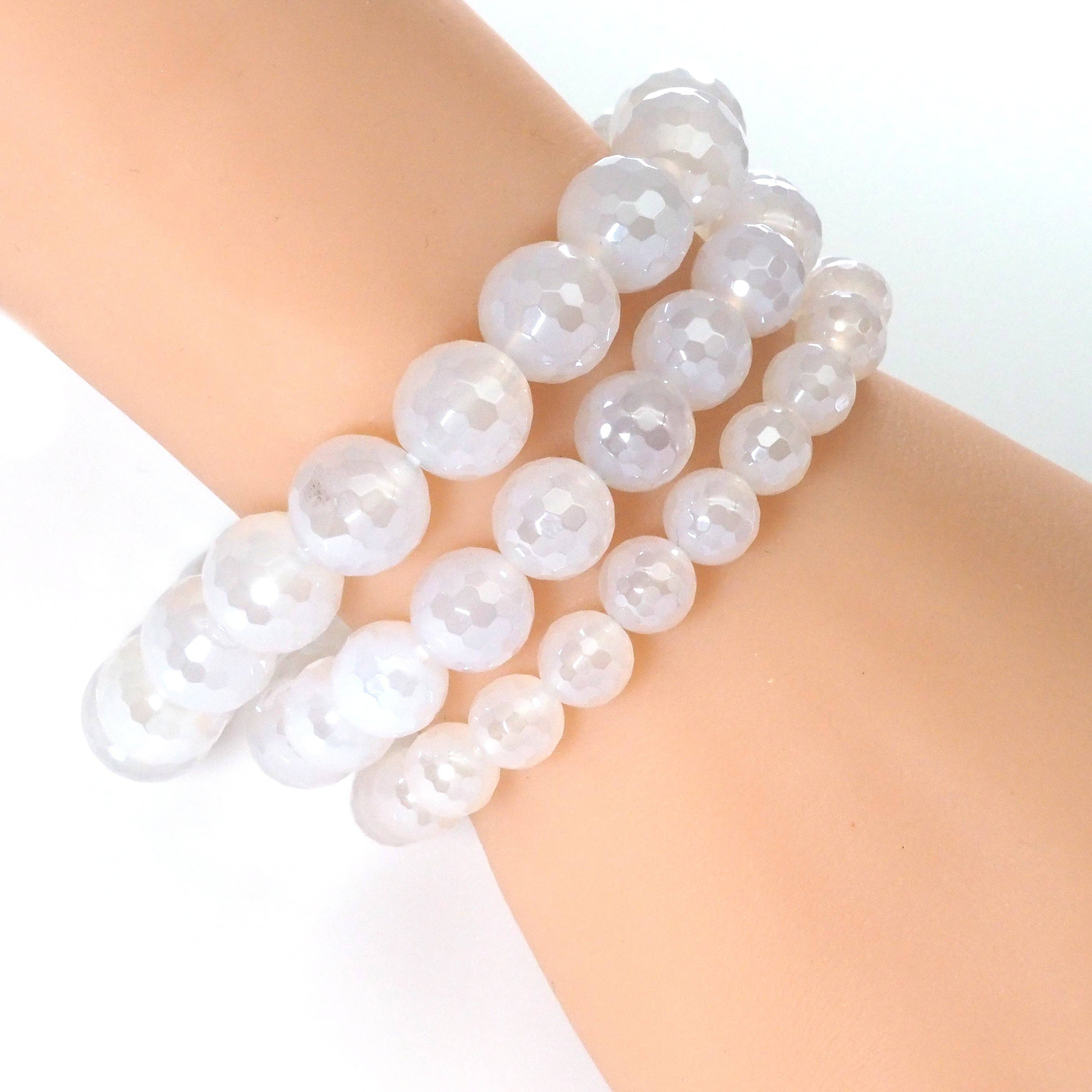 Mystic White Agate Round Faceted Stretchy Bracelet, 8mm/10mm/12mm, Sku#EF303