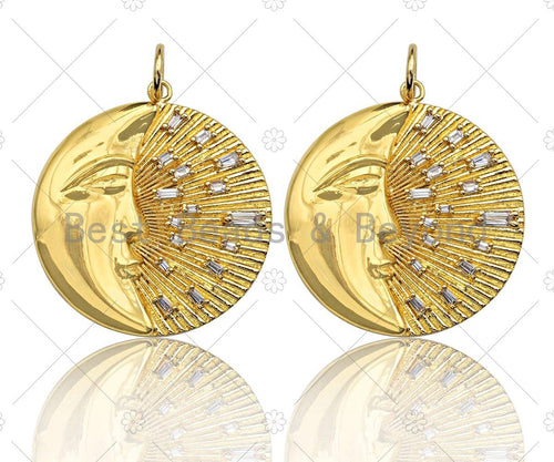 CZ Micro Pave Moon with Radiation Light Round Coin Pendant/Charm, Large Gold/Silver/Rose Gold/Gunmetal Coin Pendant, 31mm, sku#Y297