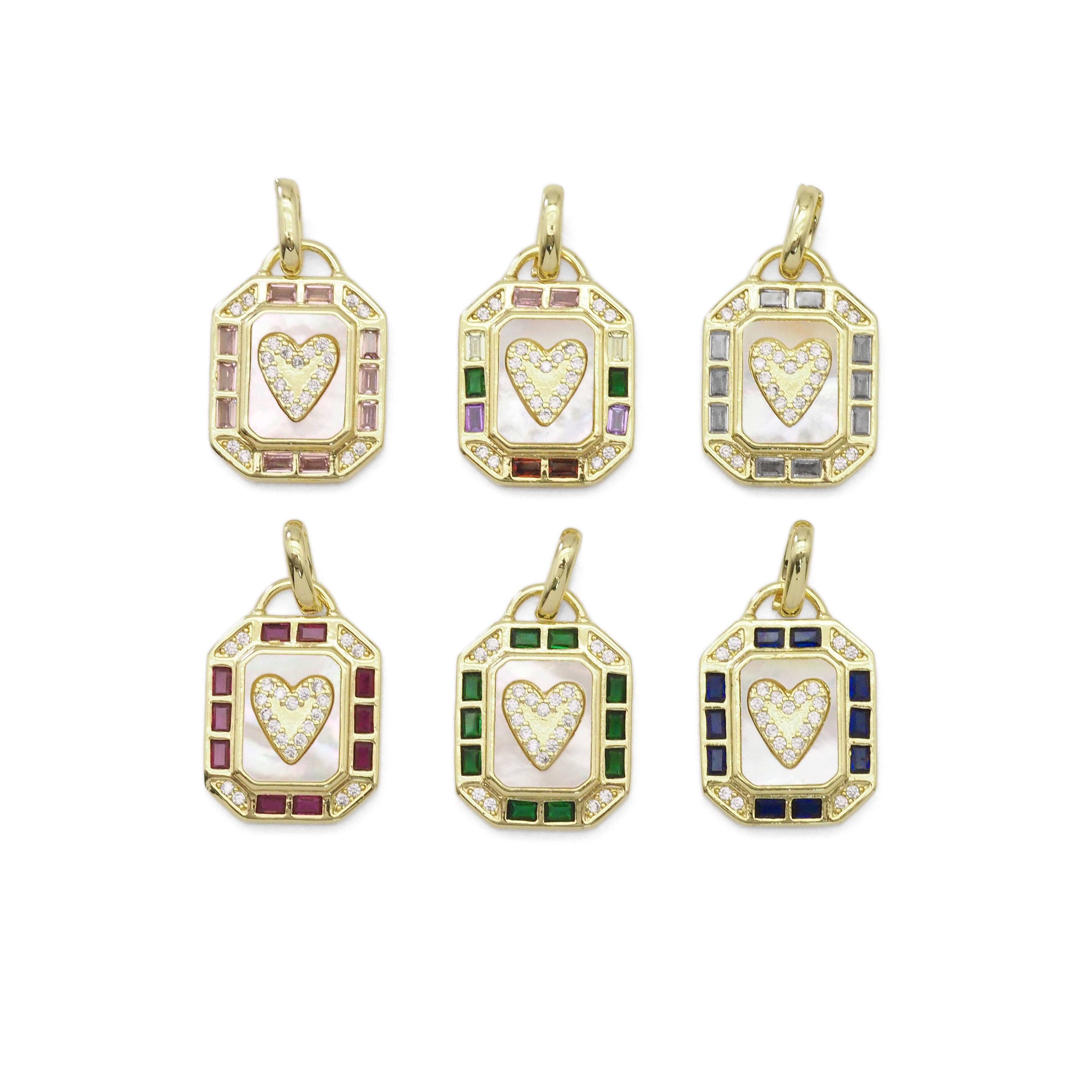 Colorful CZ Mother of Pearl Heart Rectangle Dog Tag Charm, Sku#LX303