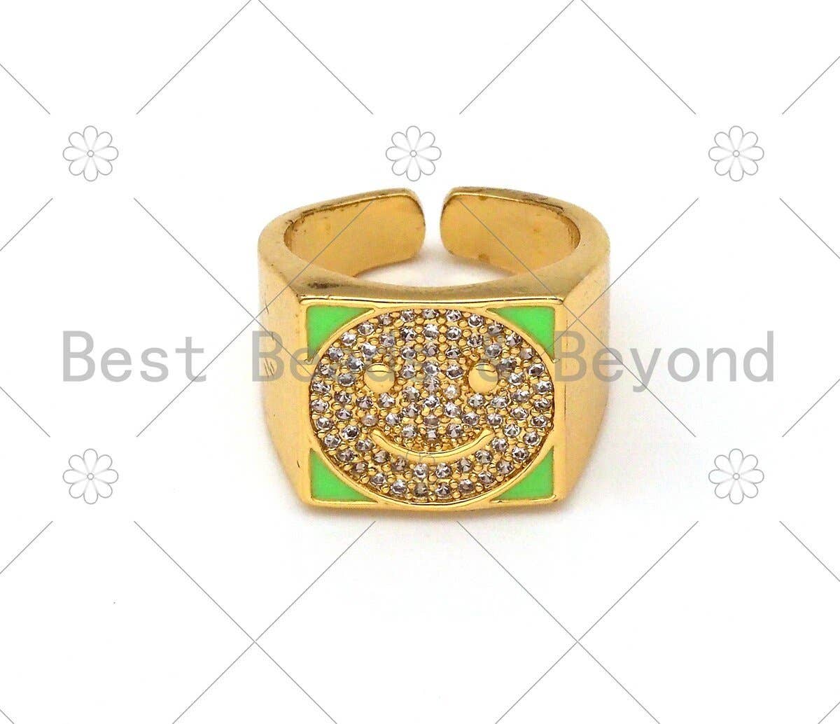 Colorful Enamel CZ Smiley Face Adjustable Ring, Sku#O65