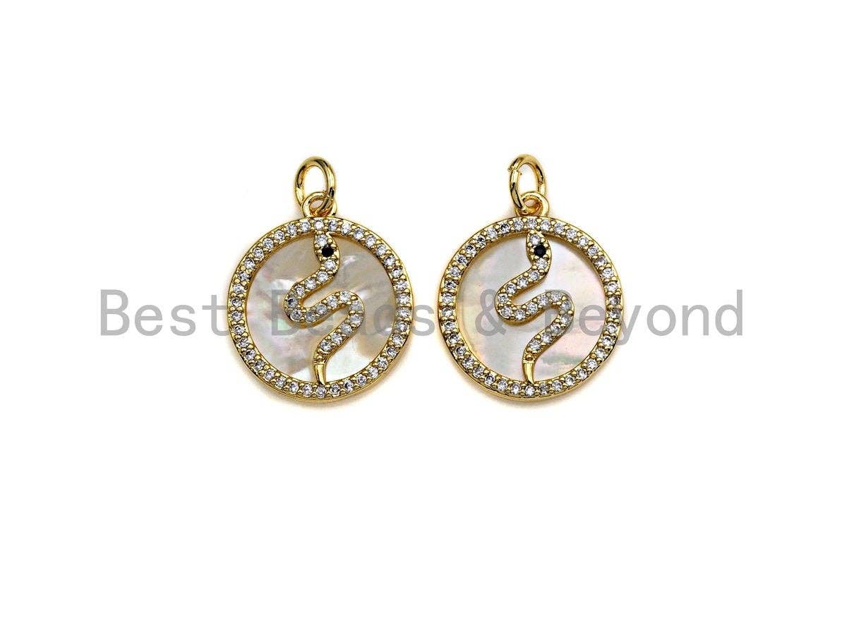 Clear CZ Micro Pave Snake Shape on Mother-of-pearl Pendant Charm, Cubic Zirconia Charm, 16x18mm,sku#Z848