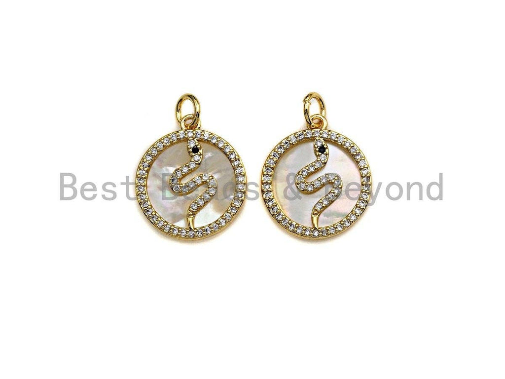 Clear CZ Micro Pave Snake Shape on Mother-of-pearl Pendant Charm, Cubic Zirconia Charm, 16x18mm,sku#Z848