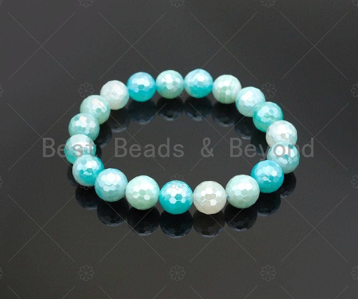 Mystic Aqua Blue Banded Agate Stretchy Bracelet, u1100