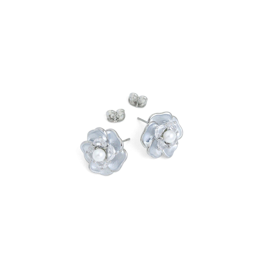 Silver Flower White Pearl Stud Earrings, Sku#ZX232