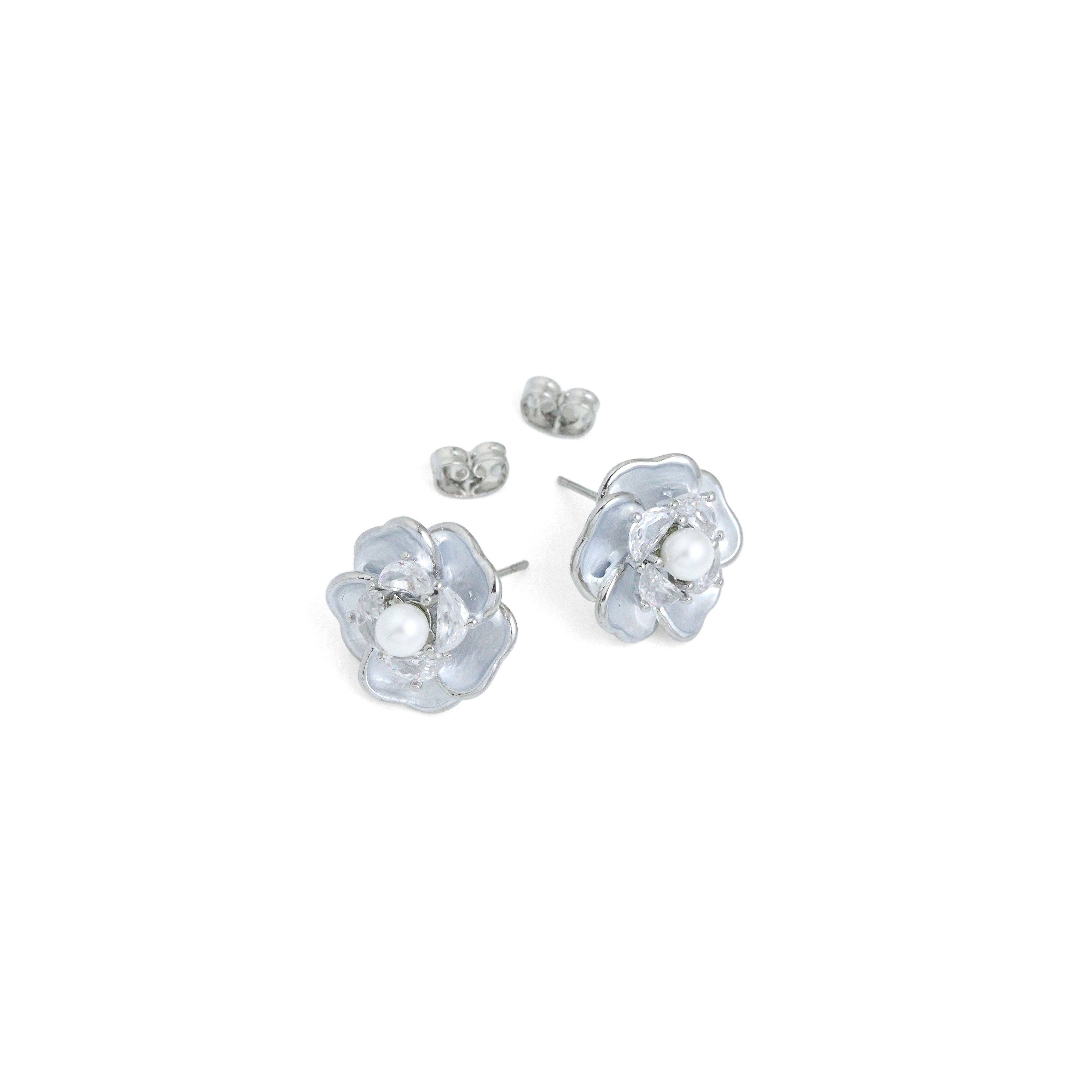 Silver Flower White Pearl Stud Earrings, Sku#ZX232
