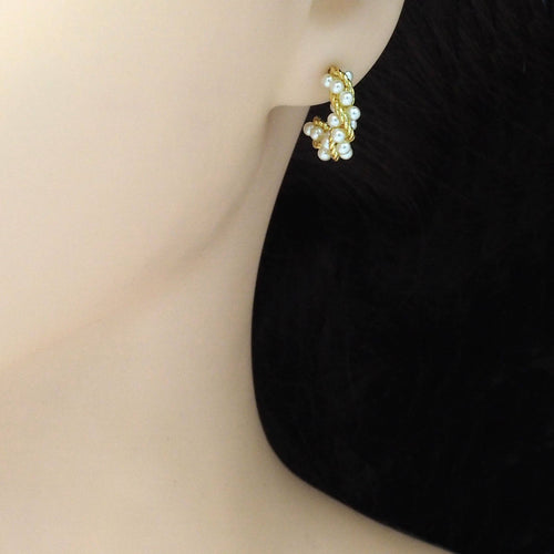 Gold Twisted White Pearl C Hoop Earrings, Sku#LX394