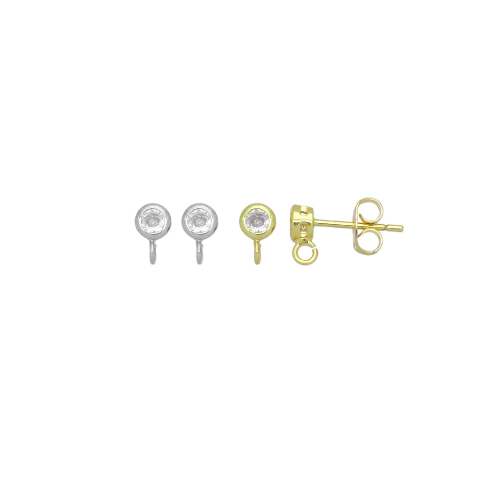 Clear Round CZ Gold  Silver Stud Earrings with loop, Sku#A440