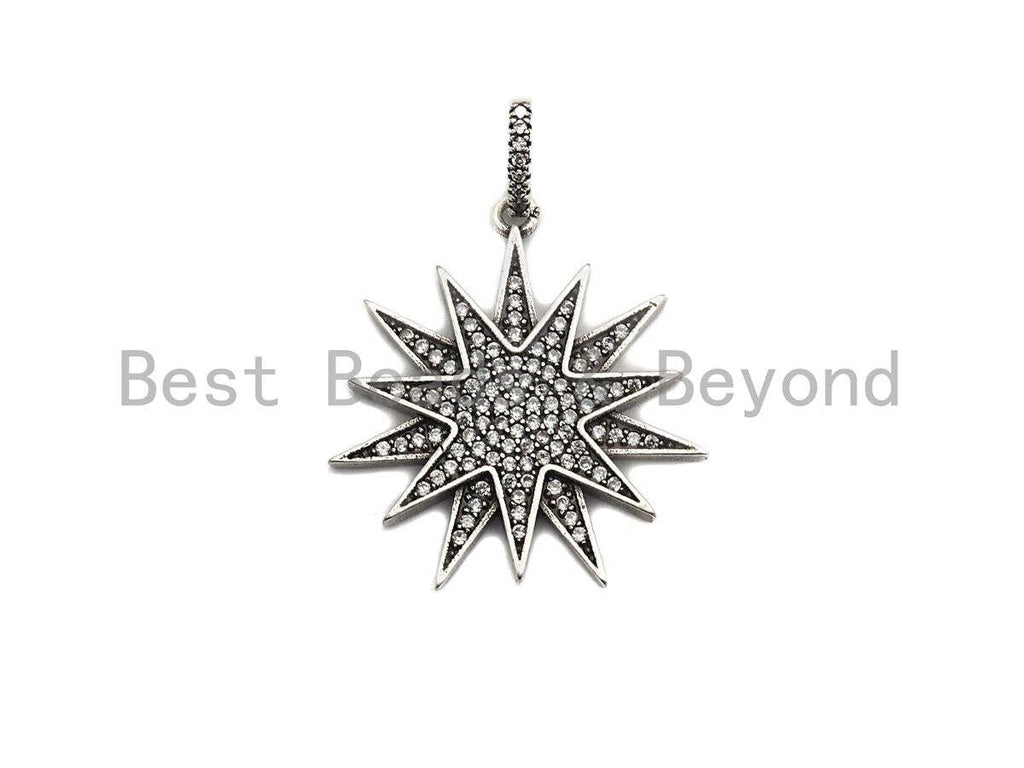 CZ Micro Pave North Star Pendant, Antique Silver Tone,  27x29mm,sku#F997C