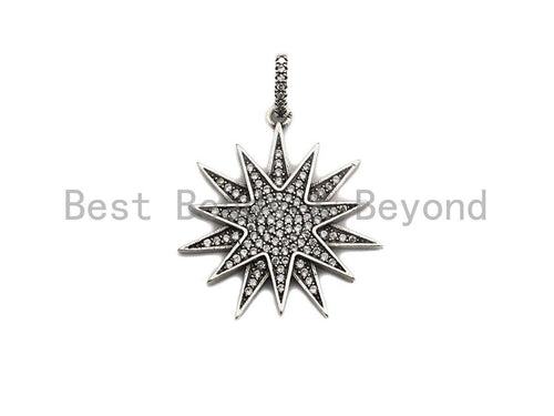 CZ Micro Pave North Star Pendant, Antique Silver Tone,  27x29mm,sku#F997C