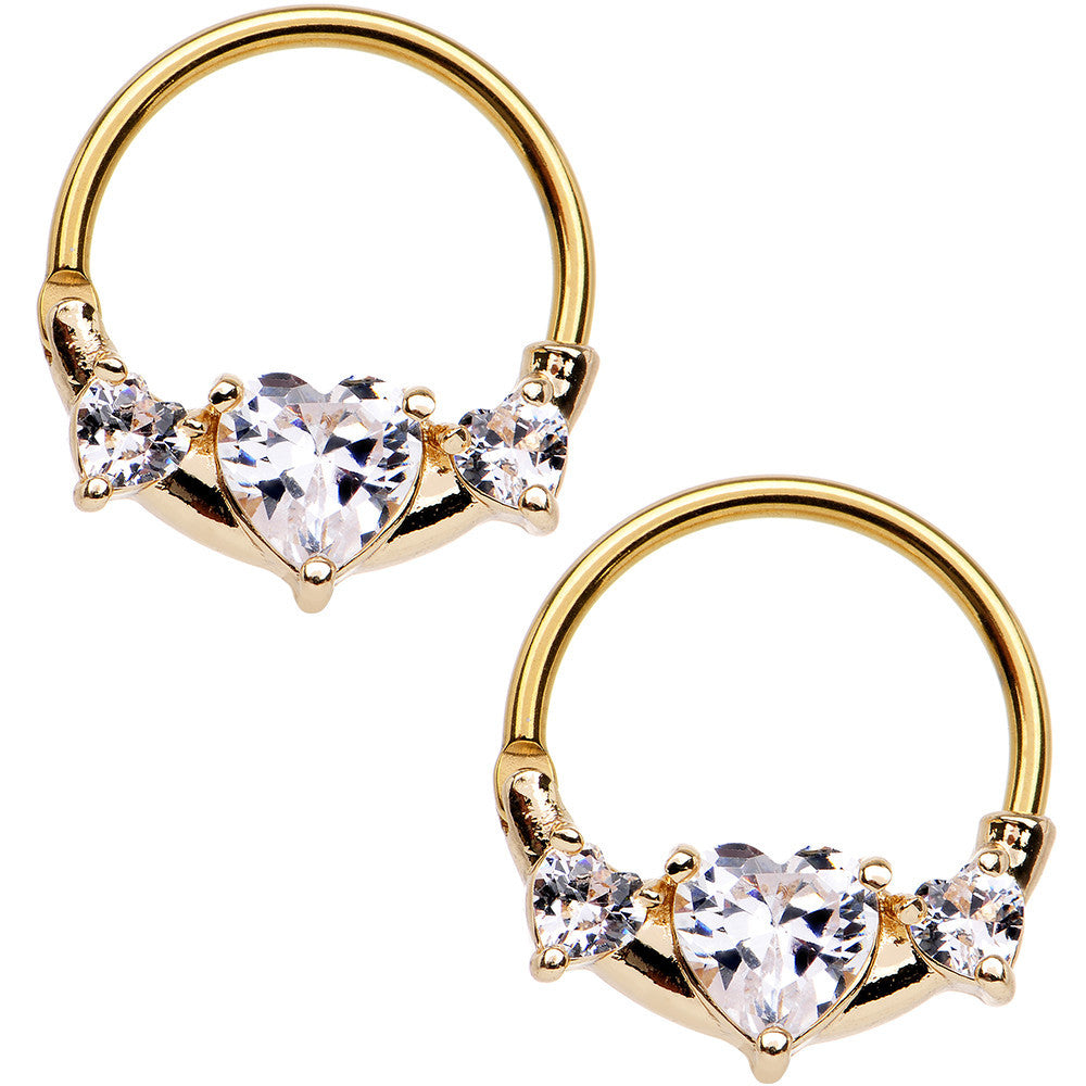 Gold IP Clear Heart Nipple Clicker Set Created with Crystals