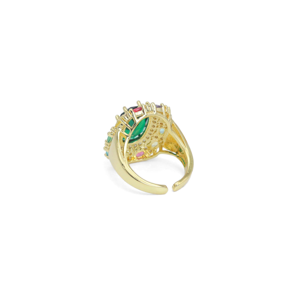 Gold Colorful CZ Oval Emerald Statement Adjustable Ring, Sku#LX545