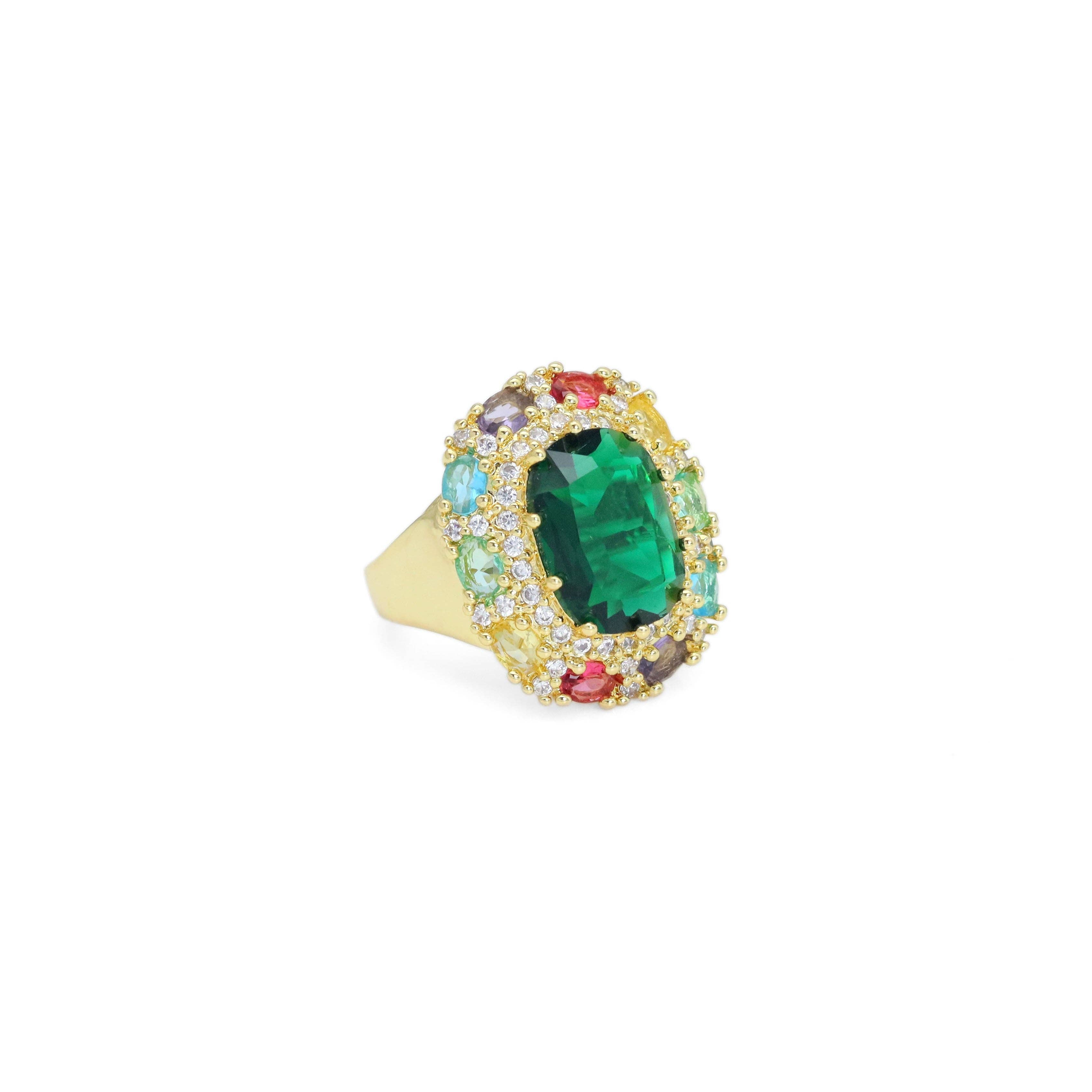 Gold Colorful CZ Oval Emerald Statement Adjustable Ring, Sku#LX545