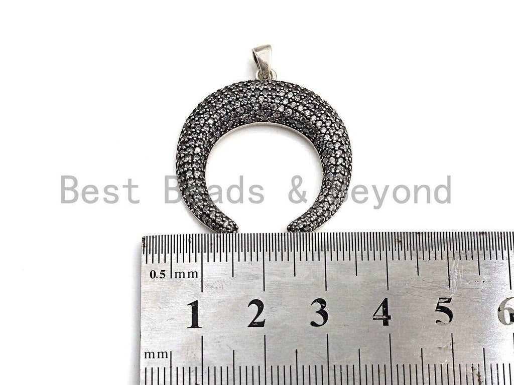 CZ Micro Pave OX Horn Shape Pendant, Antique Silver Tone, Cubic Zirconia Pave Crescent Charm Pendant, 32x35mm,sku#F1028