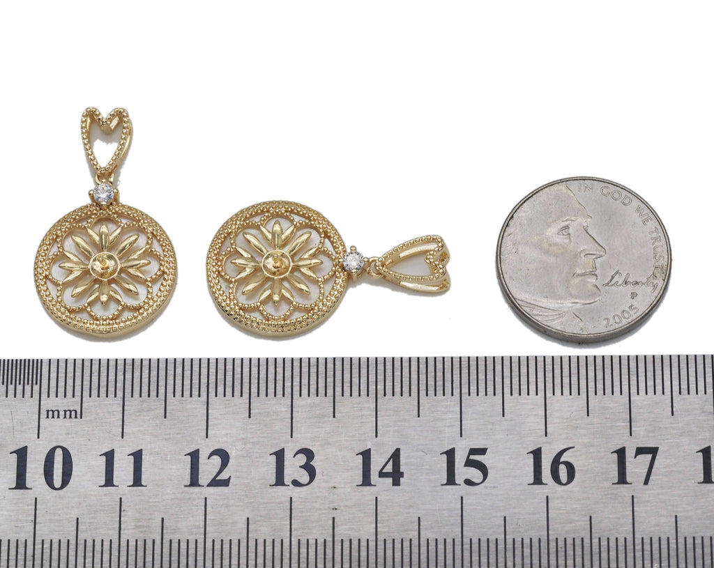 Gold CZ Flower with Pearl On Round Coin Charm, Sku#ZX96