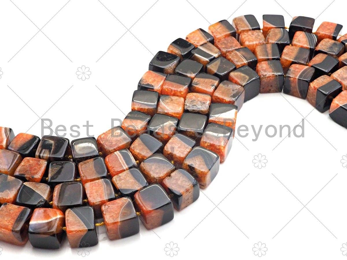High Quality Natural Orange Black Druzy Agate Beads, 15mm Cube Smooth Agate, 15.5'' Full Strand,Sku#YK09