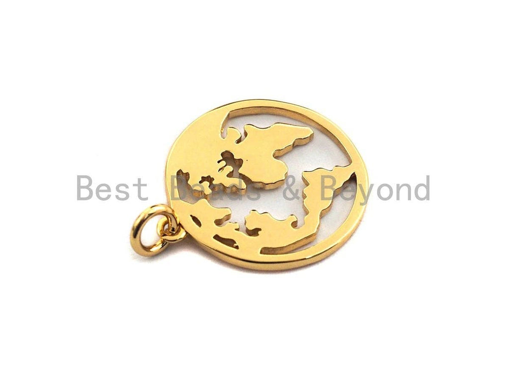 World Map Disc Pendant, Hollow Out Brass Pendant, Silver/Gold Global earth round pendant, 18x20mm, Sku#Z414