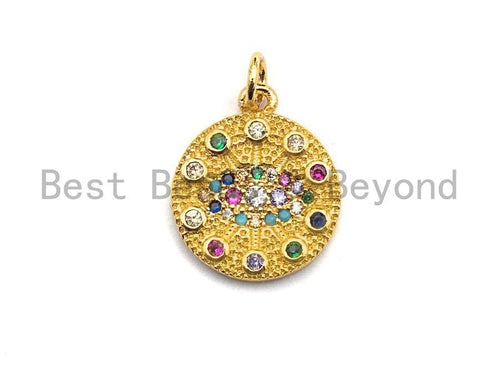 CZ Colorful Micro Pave Round  Gold With Evil Eye Pendant, Coin Shaped Pave Pendant, Gold plated, 15x17mm, Sku#F867