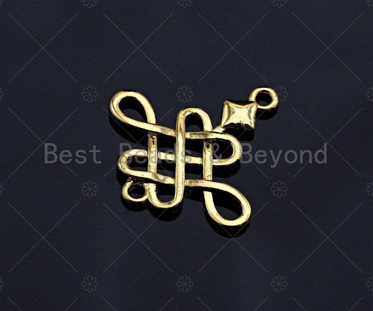 CZ Micro Pave Lucky Chinese knot Pendant/Charm/Connector, Propitious Cubic Zirconia Pendant, 18K Gold Tone, 18mm, Sku#Y270