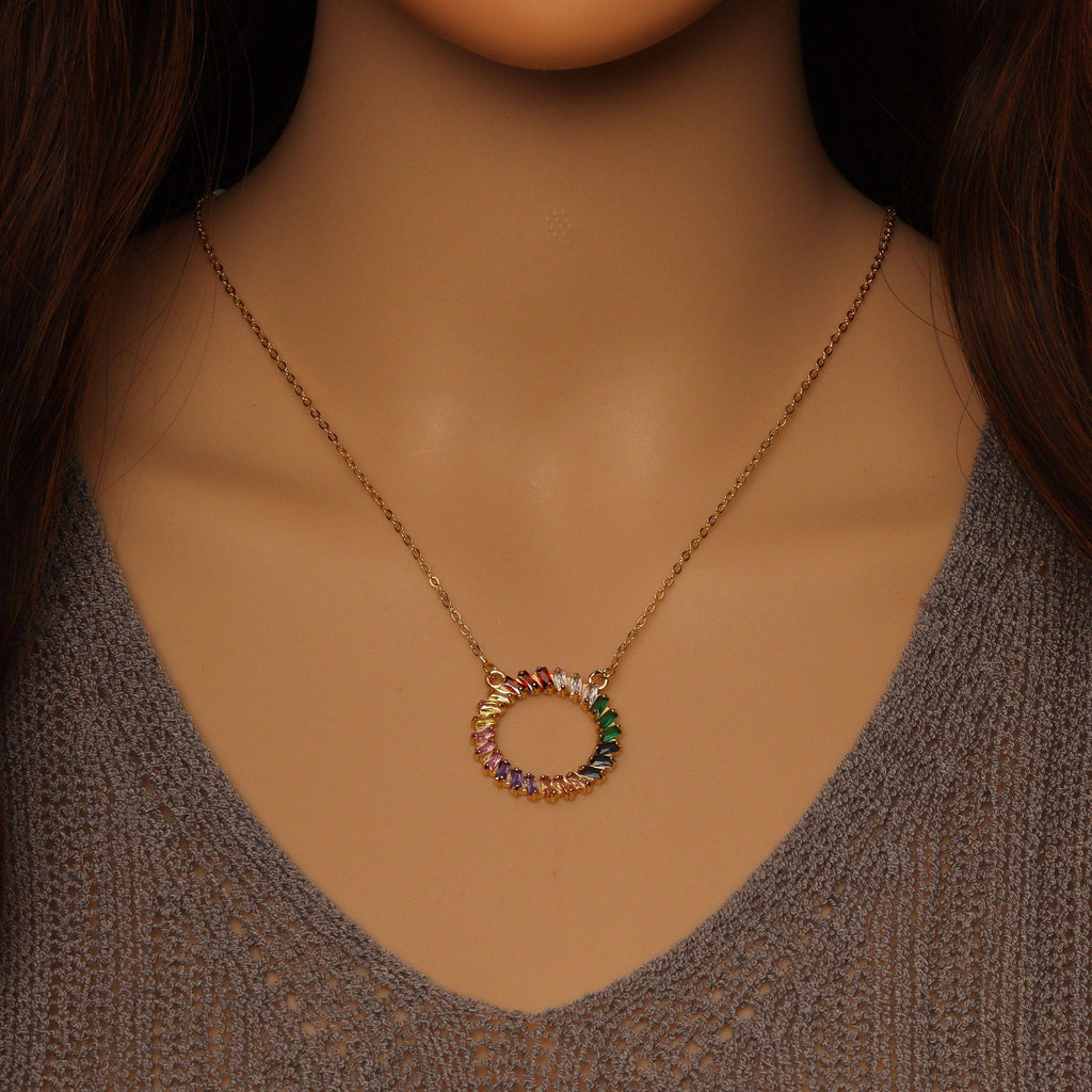 Colorful CZ Pendant Link Gold Adjustable Necklace, Sku#EF376