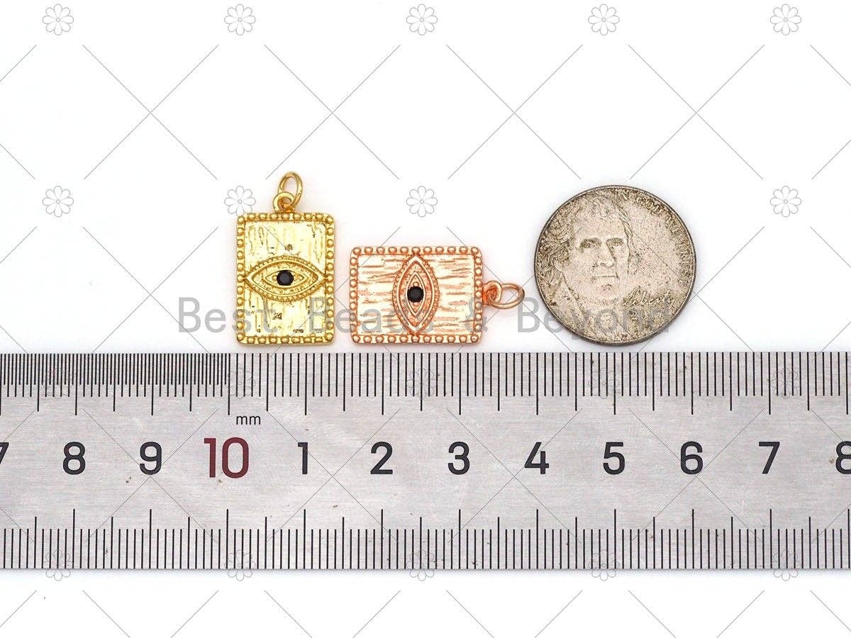 Black CZ Micro Pave Evil Eye On Rectangle Shape Pendant, Gold/Silver/Rose Gold Evil Eye Charm, Bracelet Necklace Pendant,13x21mm,Sku#Y515