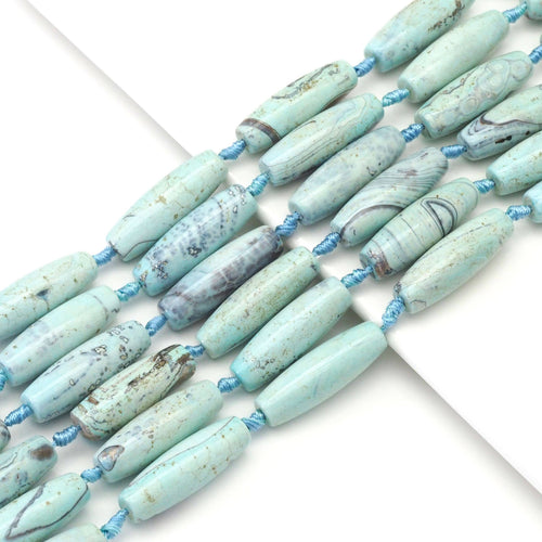 Planet Blue Barrel Shape Tibetan Agate Beads, 14x40mm Focal Beads, Sku#U1631