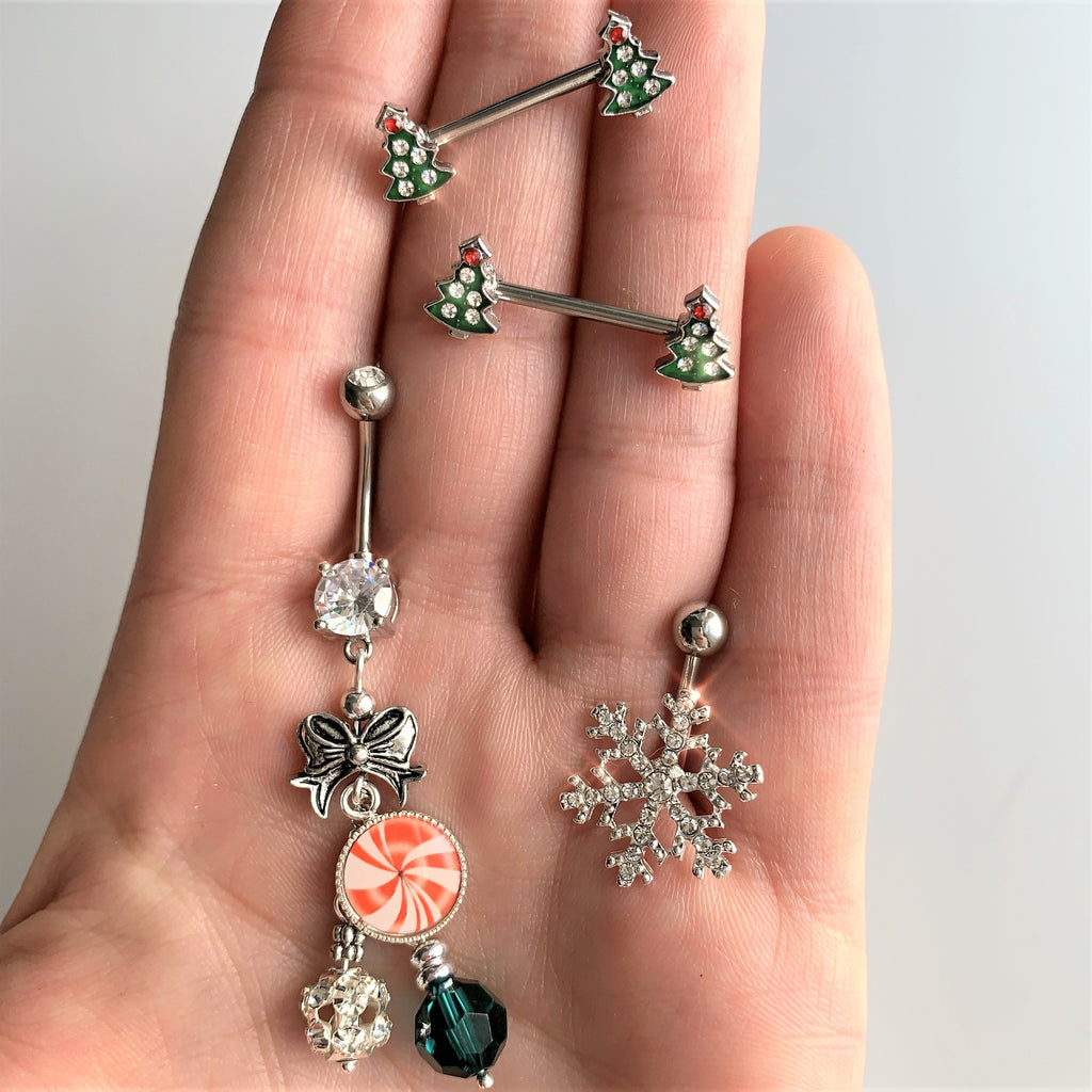 14G 9/16 Clear Red Gem Christmas Tree Barbell Nipple Ring Set