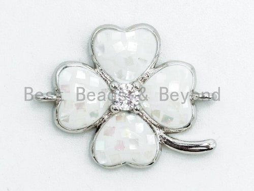 CZ Micro Pave Mother of Pearl Four-leaf Clover Flower Connector, Gemstone Cubic Zirconia Space Connector, 16x21mm, Jewelry Findings,sku#Z33