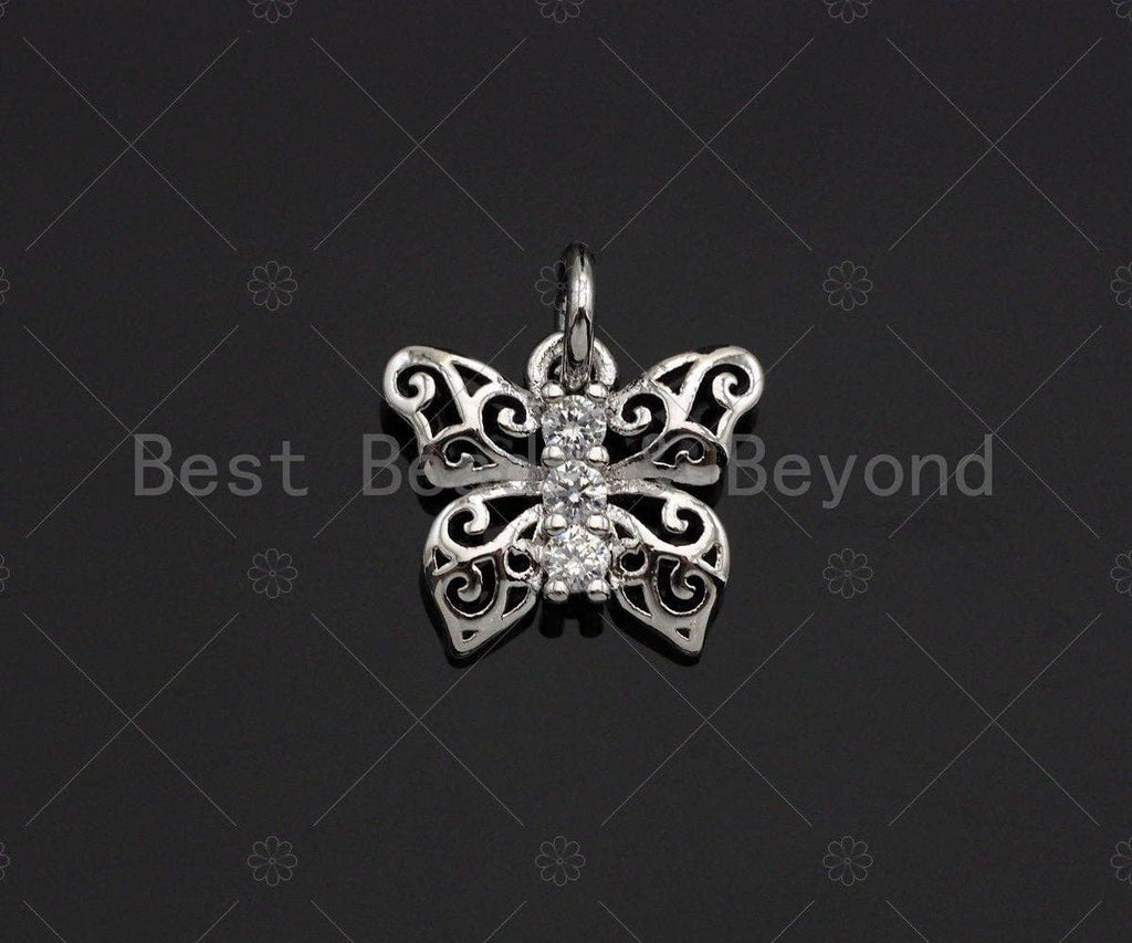 CZ Micro Pave Filigree Butterfly Shape Pendant, Cubic Zirconia Pendant Charm, Cute Pave Findings, Gold/Silver, 12x10mm, Sku#Z1164