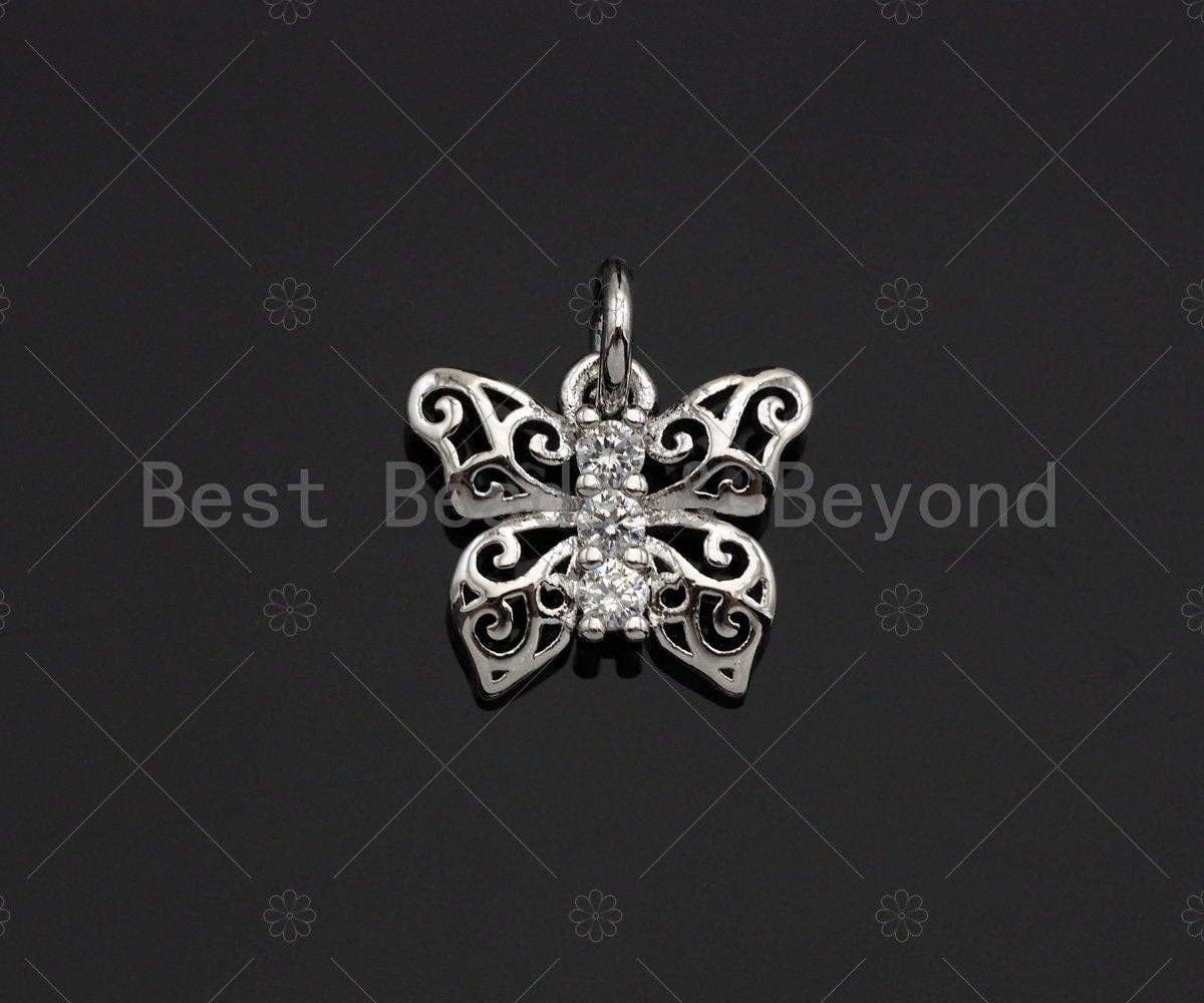 CZ Micro Pave Filigree Butterfly Shape Pendant, Cubic Zirconia Pendant Charm, Cute Pave Findings, Gold/Silver, 12x10mm, Sku#Z1164