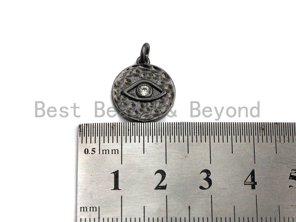 CZ Micro Pave Evil Eye Coin Charm/Pendant,Amulet Evil Eye Charm, Black, Gold Rose, Gold, Silver Finish, 15x17mm,sku#Z423