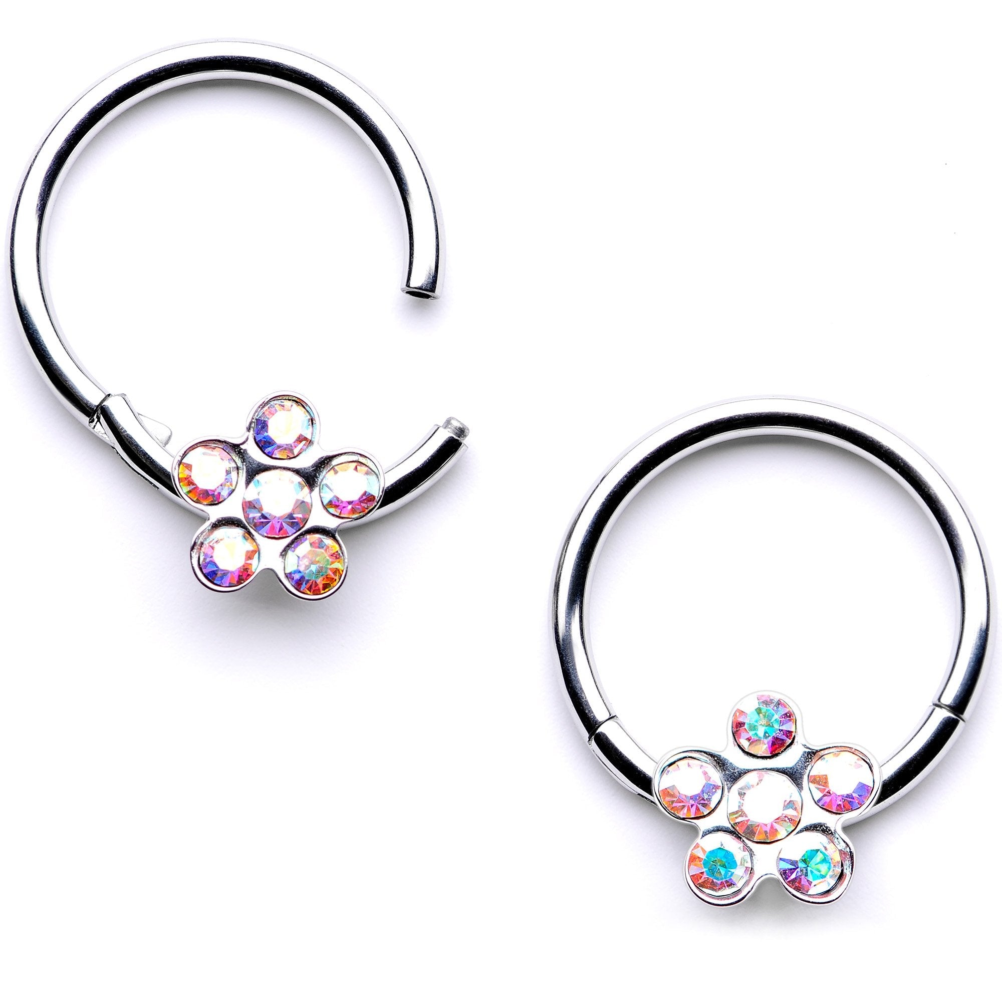 16G 3/8 Aurora Gem Petal Flower Hinged Segment Ring Set