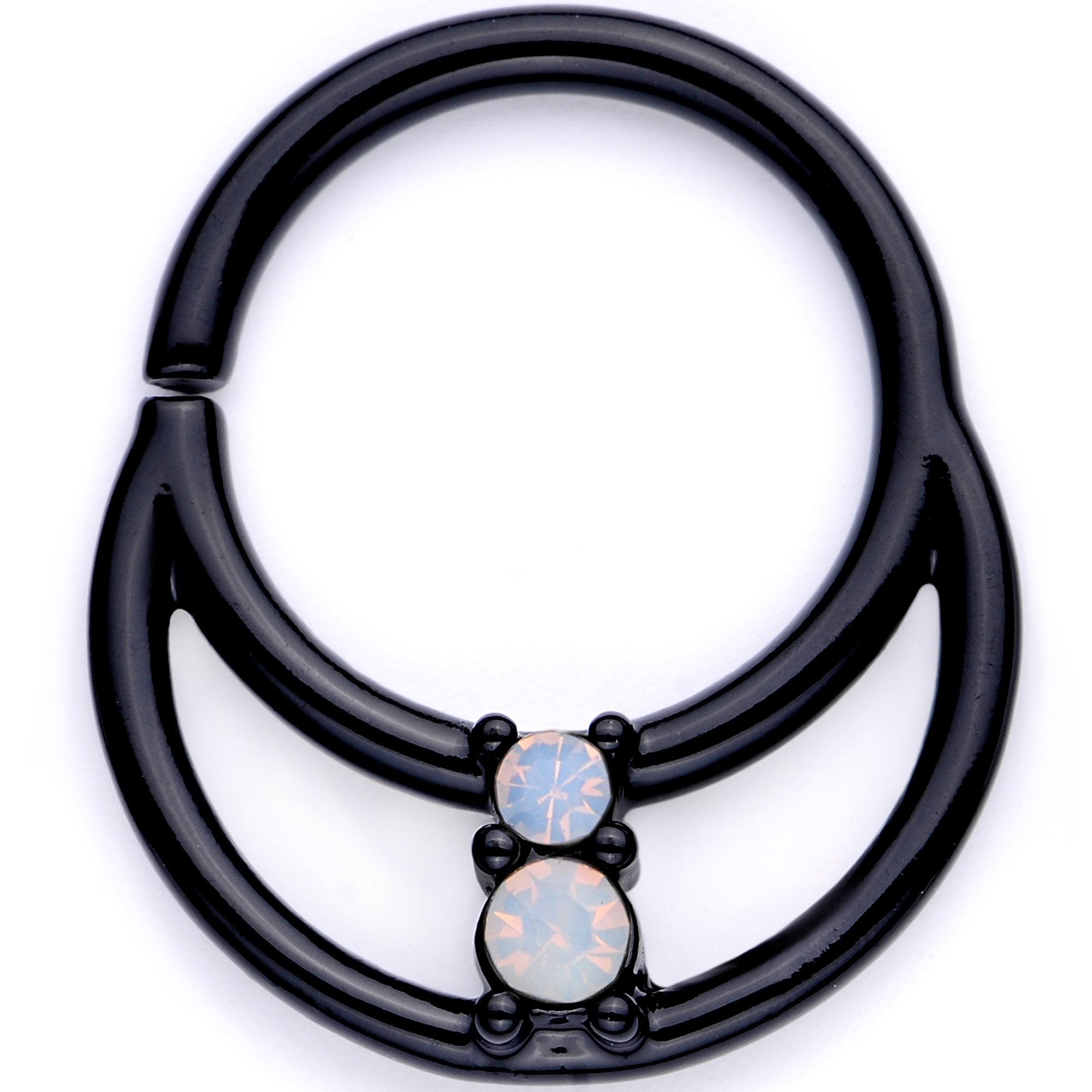 16G 3/8 White Faux Opal Black Anodized Twisted Horseshoe Closure Ring Set