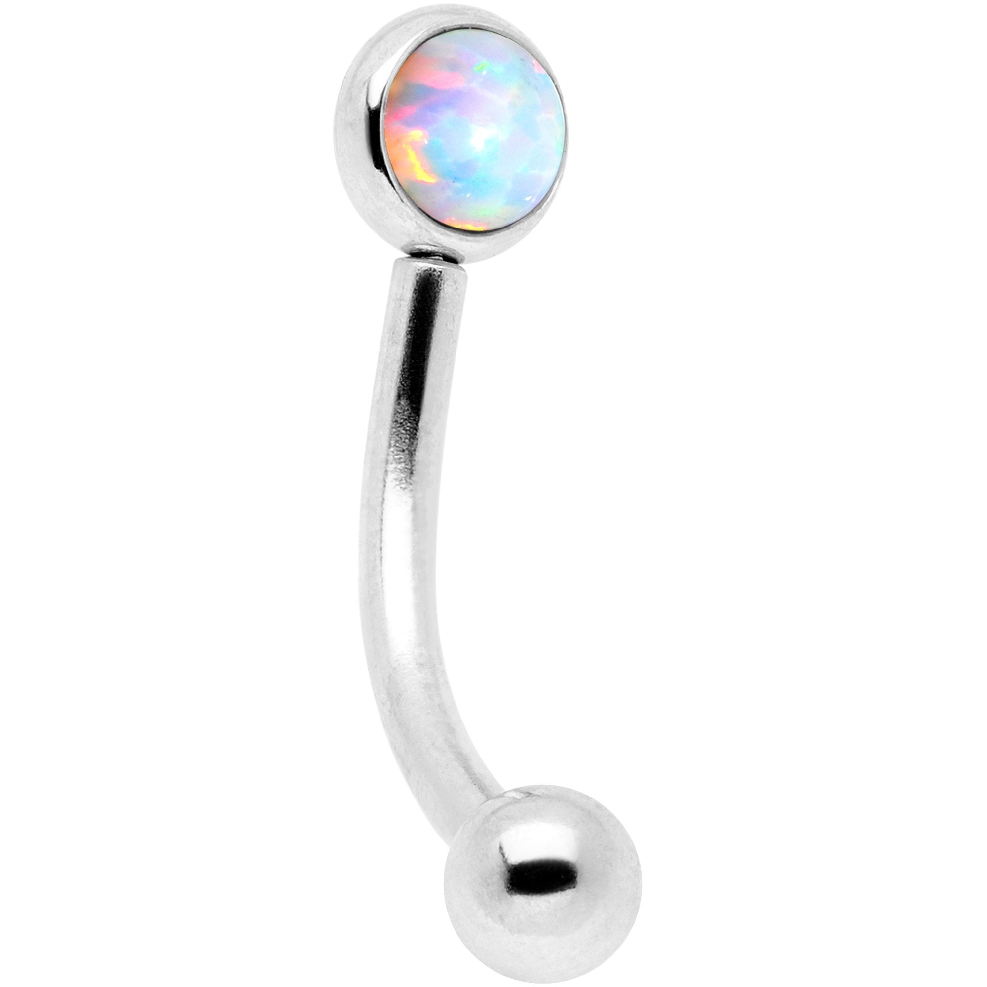 16G 5/16 White Synthetic Opal Flat Set Curved Eyebrow Rook Piercing