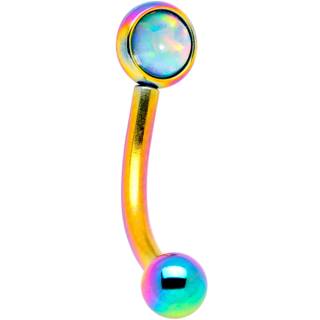 16G 5/16 White Synthetic Opal Flat Set Rainbow IP Curved Eyebrow Rook Piercing