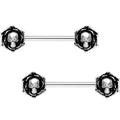 14G 9/16 Clear Gem Skull Rose Flower Barbell Nipple Ring Set