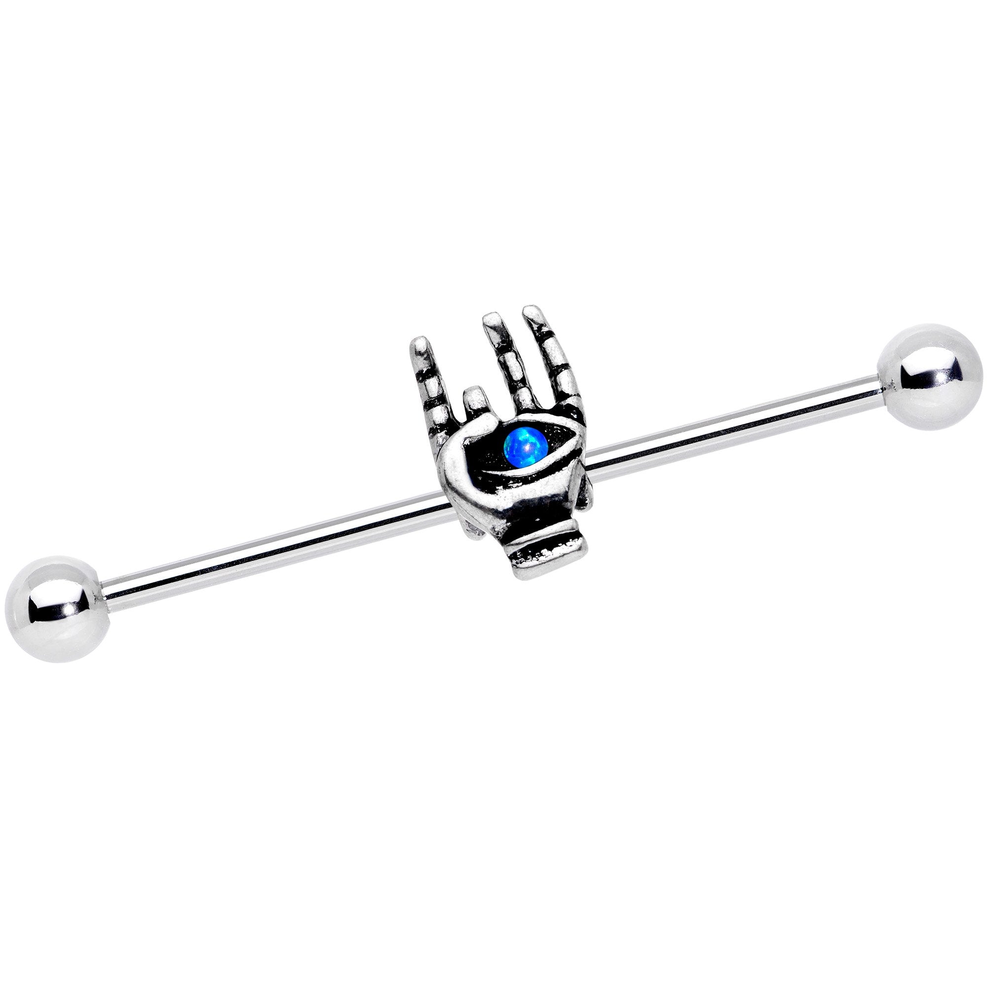14G Blue Synthetic Opal Hamsa Sacred Hand Industrial Barbell 38mm